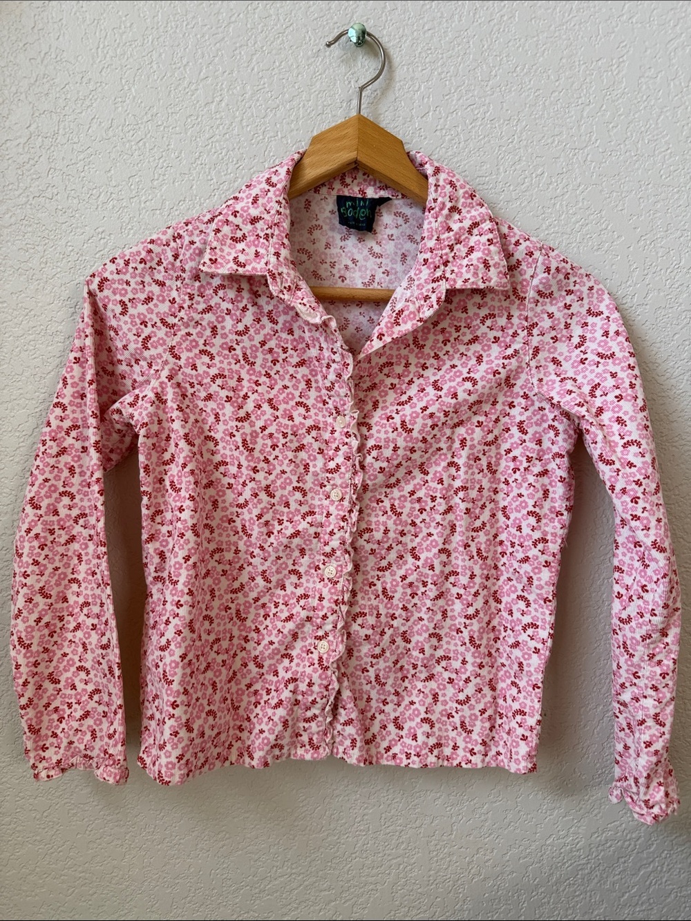 Mini Boden Button Down Long Sleeve Shirt Floral Red Pink Size Girls Medium 9/10